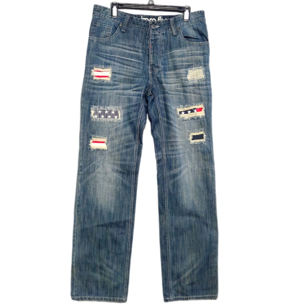Born Fly Jeans Mens 34 Blue Distressed Americana Patchwork Straight Leg Denim